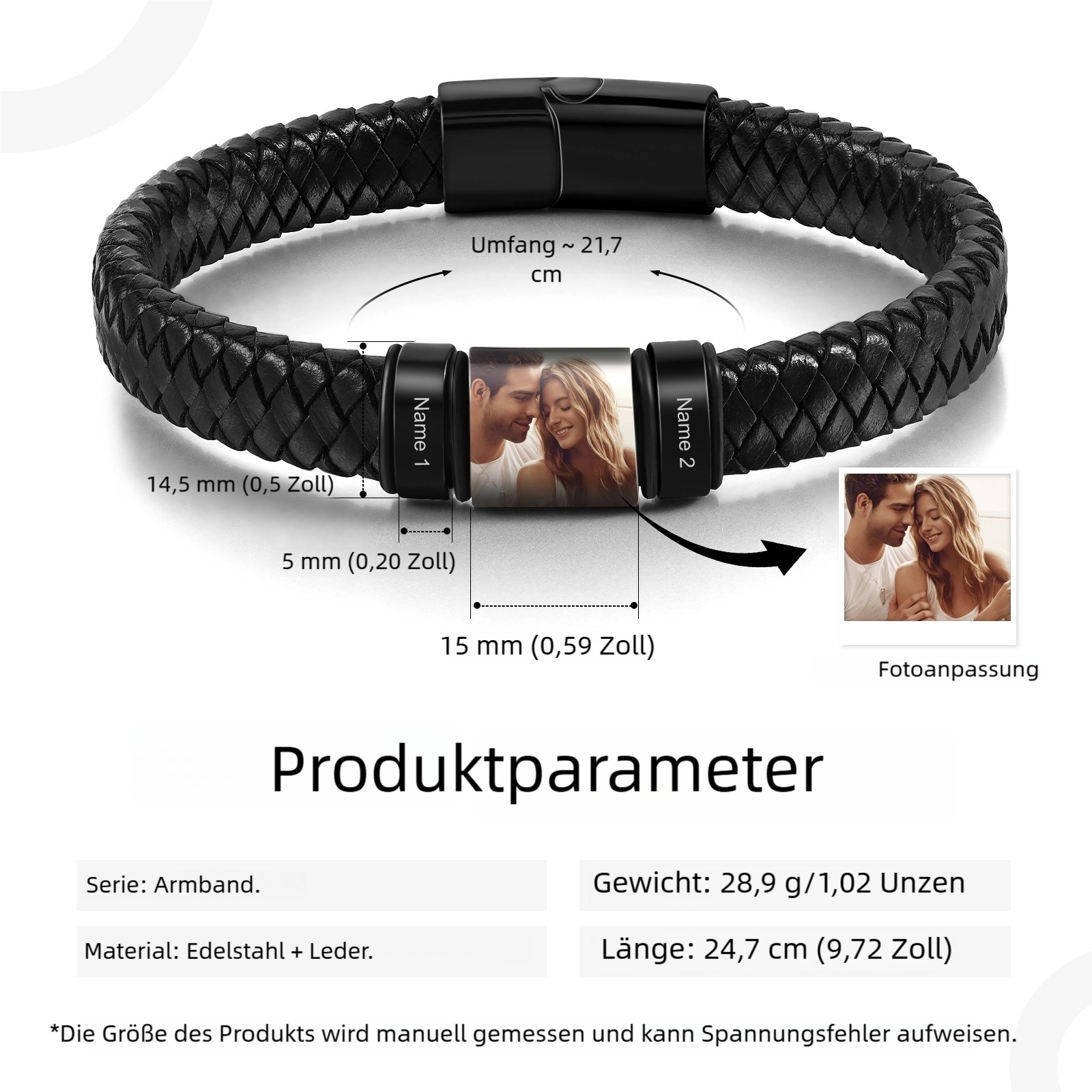 Herren Personalisierte 2-4 Namen & Foto Geflochtenes Leder Armband