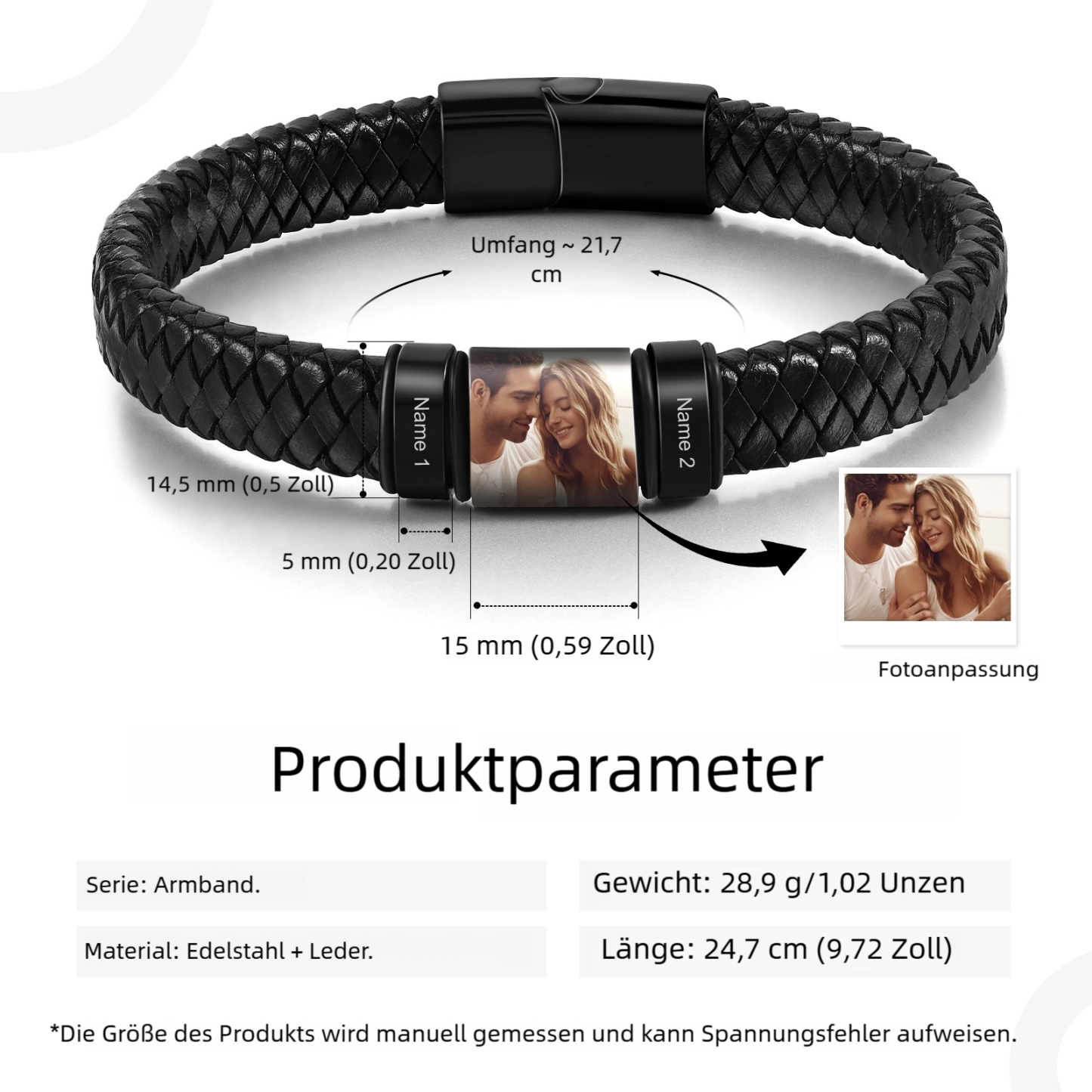 Herren Personalisierte 2-4 Namen & Foto Geflochtenes Leder Armband