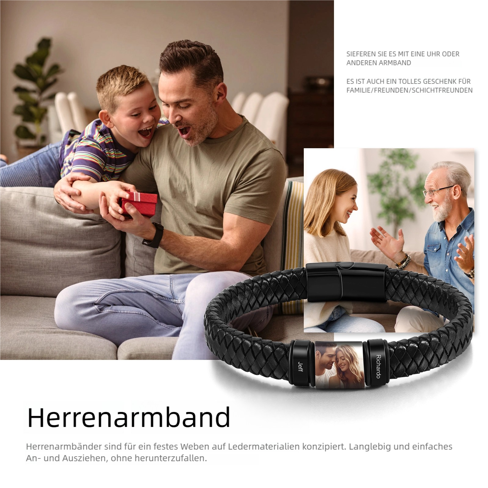 Herren Personalisierte 2-4 Namen & Foto Geflochtenes Leder Armband
