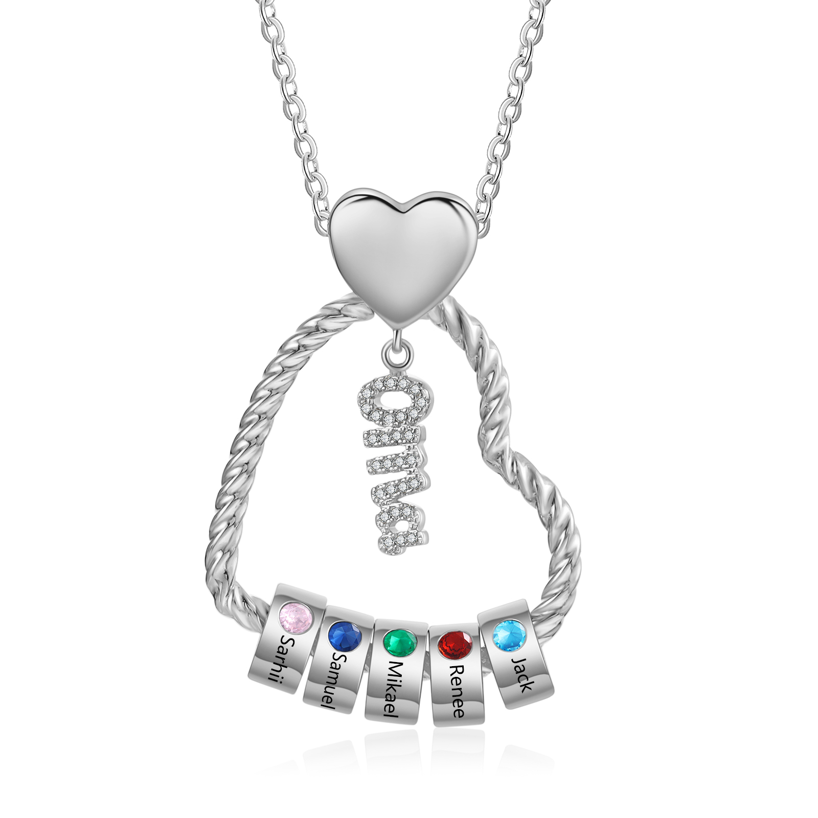 Personalisierte 1-5 Namen Herz Halskette mit 1-5 Geburtssteinen für Oma Großmutter