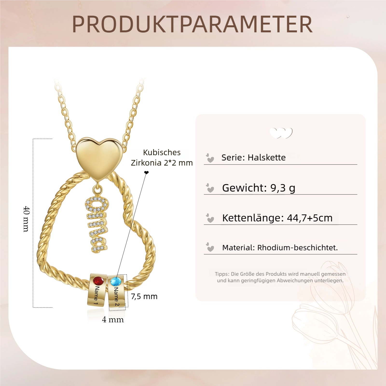 Personalisierte 1-5 Namen Herz Halskette mit 1-5 Geburtssteinen für Oma Großmutter