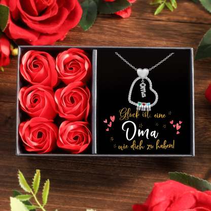 Personalisierte 1-5 Namen Herz Halskette mit 1-5 Geburtssteinen für Oma Großmutter-Geschenkbox Set