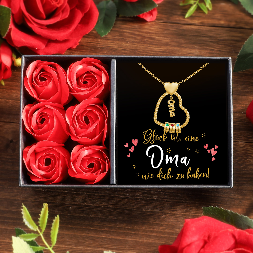 Personalisierte 1-5 Namen Herz Halskette mit 1-5 Geburtssteinen für Oma Großmutter-Geschenkbox Set