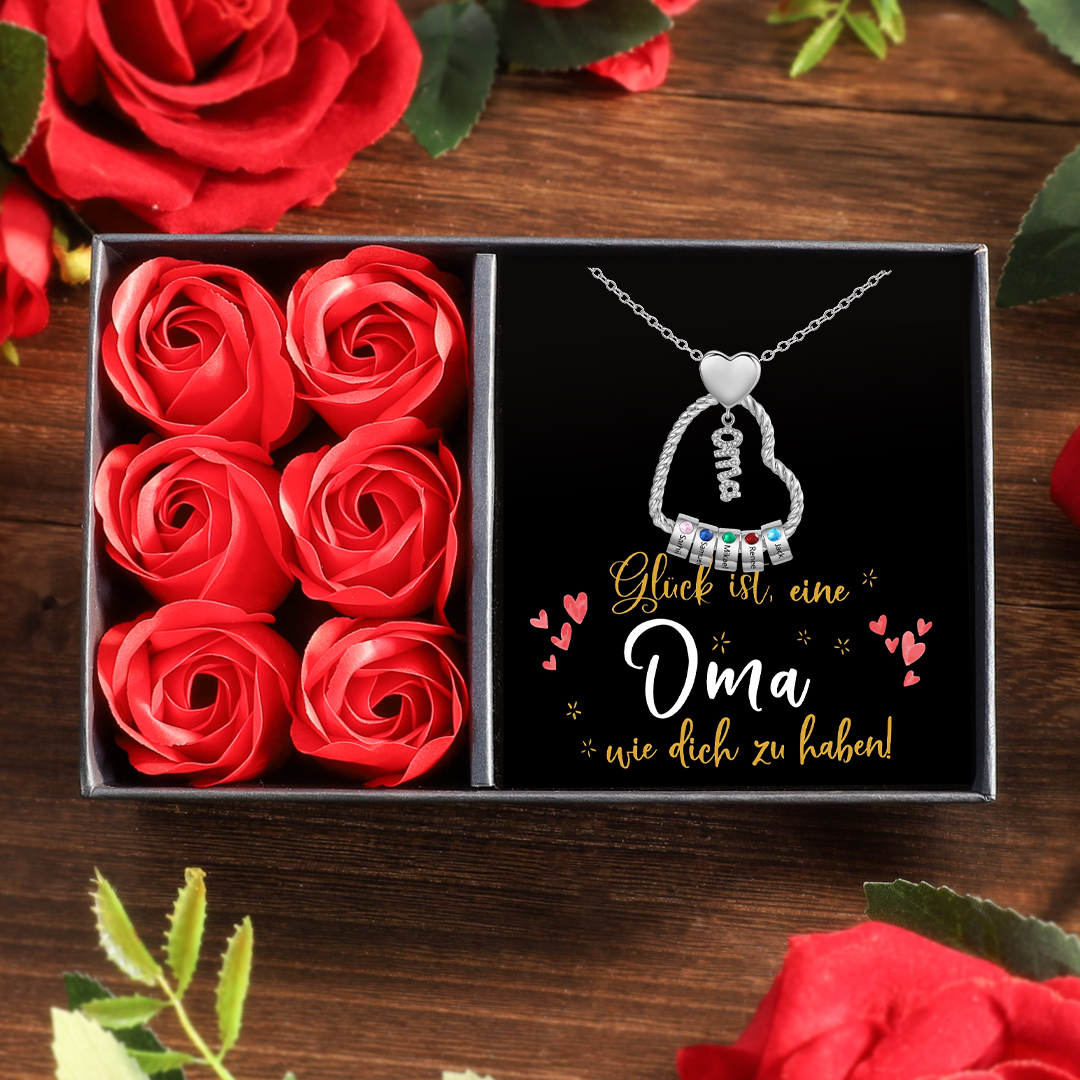 Personalisierte 1-5 Namen Herz Halskette mit 1-5 Geburtssteinen für Oma Großmutter-Geschenkbox Set