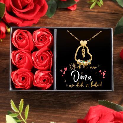 Personalisierte 1-5 Namen Herz Halskette mit 1-5 Geburtssteinen für Oma Großmutter-Geschenkbox Set