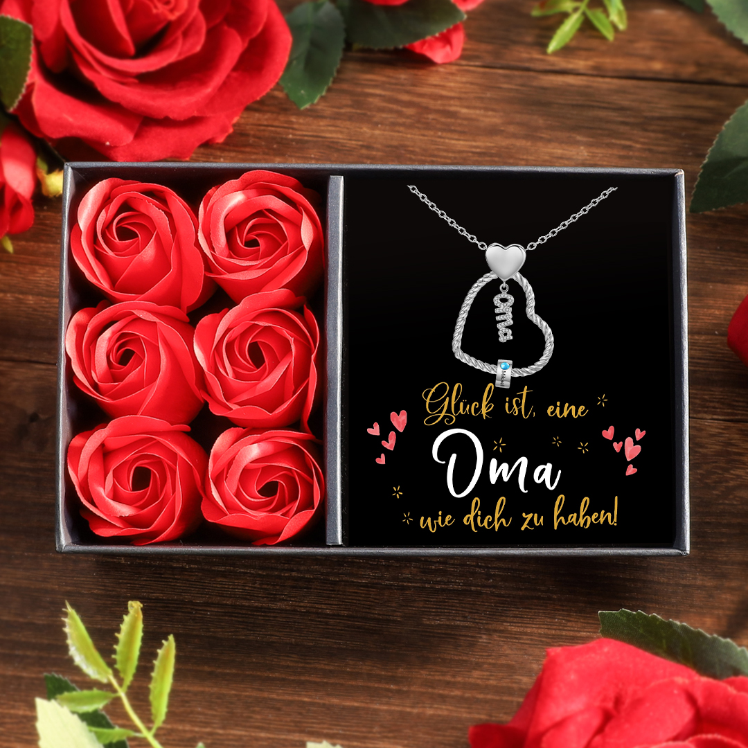 Personalisierte 1-5 Namen Herz Halskette mit 1-5 Geburtssteinen für Oma Großmutter-Geschenkbox Set