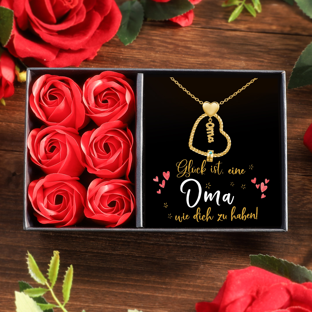 Personalisierte 1-5 Namen Herz Halskette mit 1-5 Geburtssteinen für Oma Großmutter-Geschenkbox Set