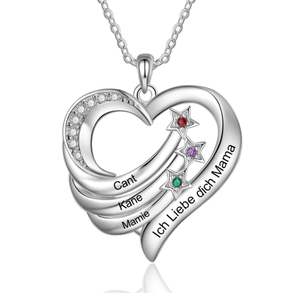 Personalisierte 1-4 Namen & 1-4 Geburtssteinen & Text Herz Halskette mit Sternen für Mama Mutter 