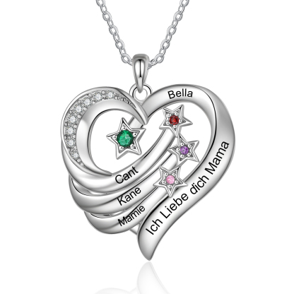 Personalisierte 1-4 Namen & 1-4 Geburtssteinen & Text Herz Halskette mit Sternen für Mama Mutter