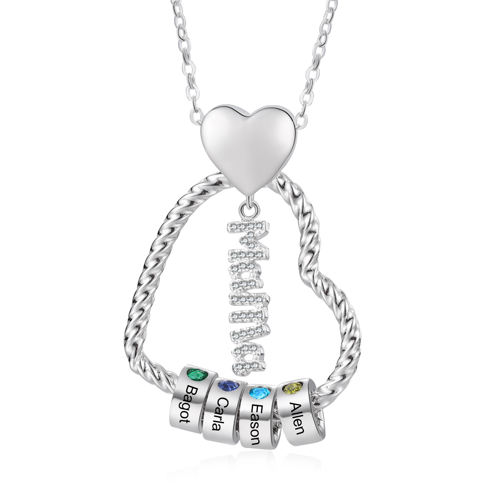 Personalisierte 1-5 Namen Herz Halskette mit 1-5 Geburtssteinen & Weihnachts-Geschenkkarte & GeschenkBox für Mama Mutter Geschenkkarte Set