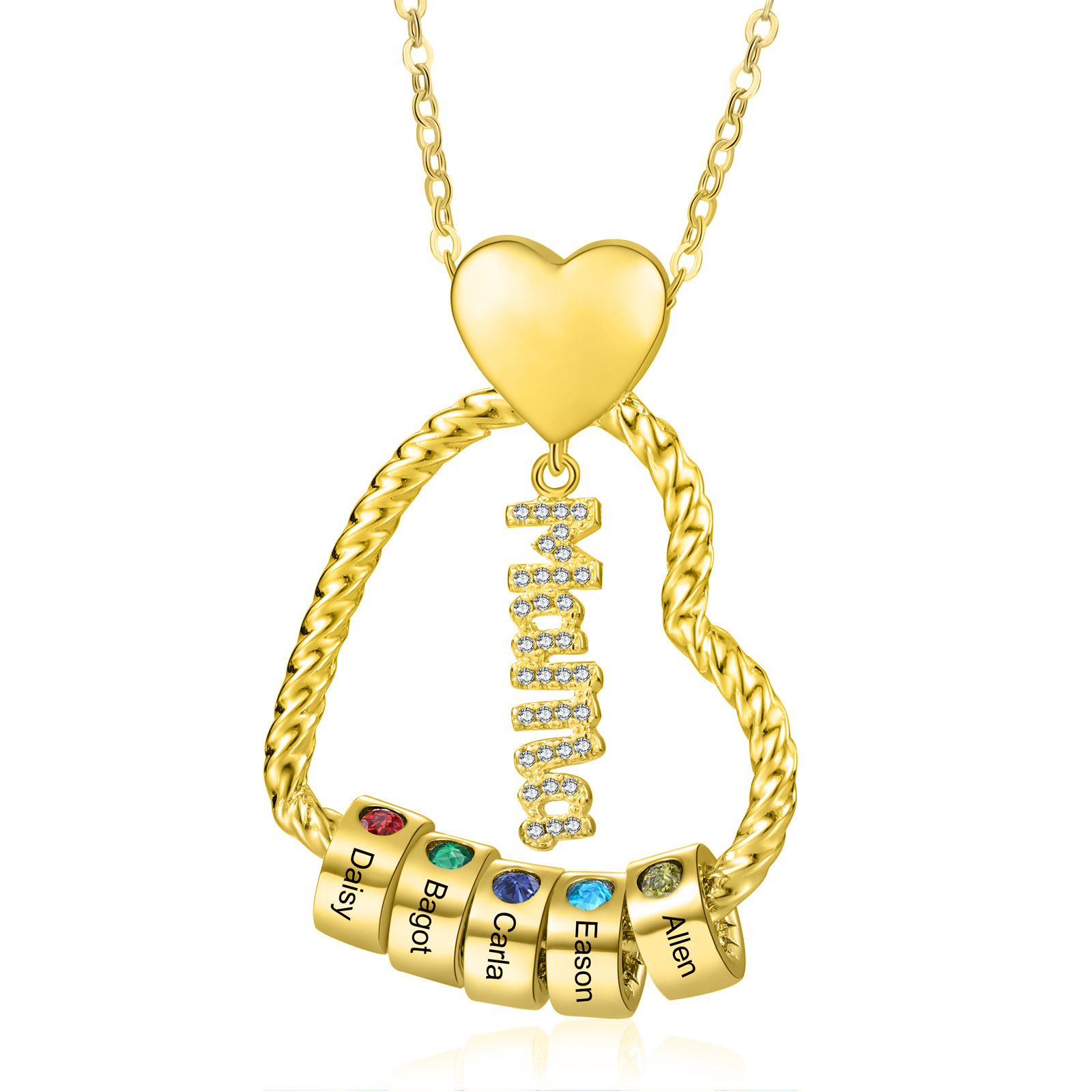 Personalisierte 1-5 Namen Herz Halskette mit 1-5 Geburtssteinen & Weihnachts-Geschenkkarte & GeschenkBox für Mama Mutter Geschenkkarte Set