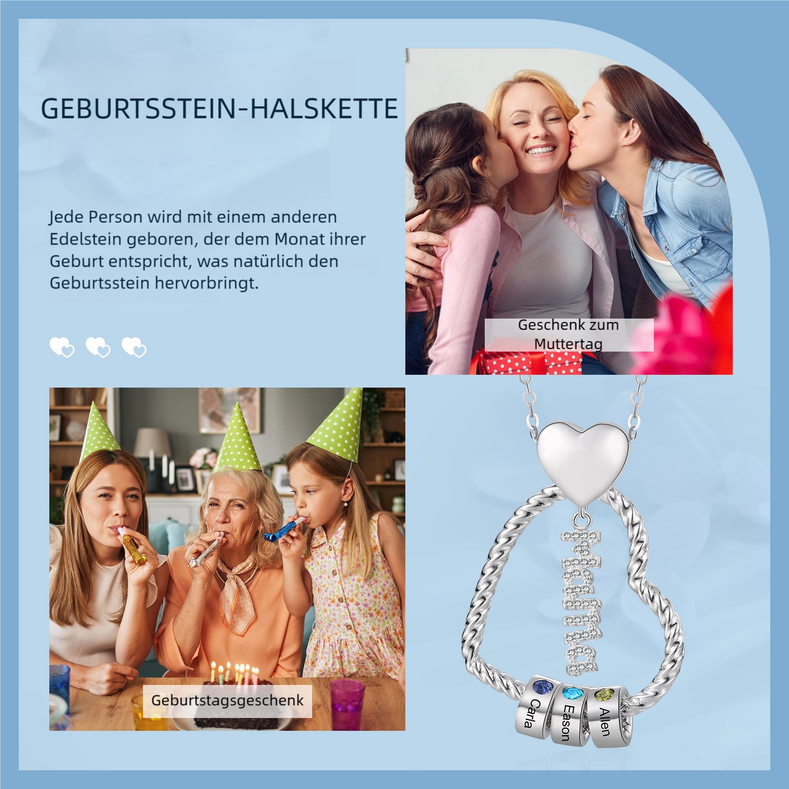 Personalisierte 1-5 Namen Herz Halskette mit 1-5 Geburtssteinen & Weihnachts-Geschenkkarte & GeschenkBox für Mama Mutter Geschenkkarte Set