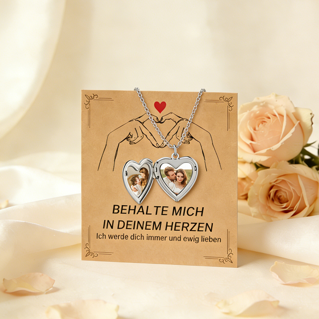 Personalisierte Herz Medaillon Kette mit Foto als Geschenkset mit Karte