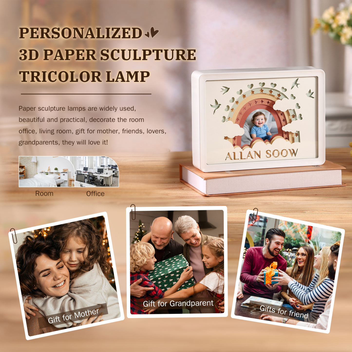 3D Baby‑Geburtsdaten Bilderrahmen mit Licht – personalisierbar, Regenbogen‑Design