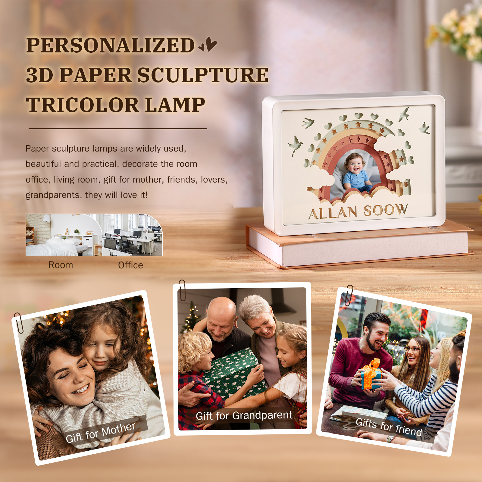 3D Baby‑Geburtsdaten Bilderrahmen mit Licht – personalisierbar, Regenbogen‑Design