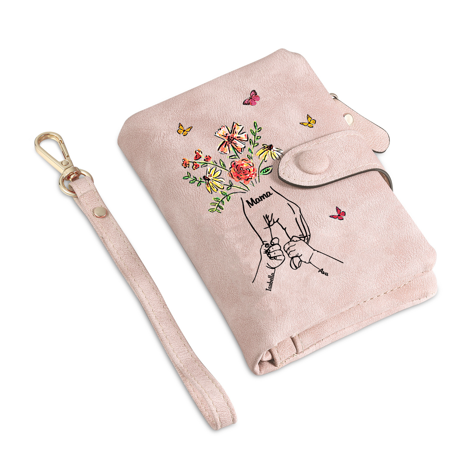 Personalisierte PU-Leder-Geldbörse mit Blumen und Hand-in-Hand-Motiv sowie 2–6 Namen – liebevolles Geschenk für Mama