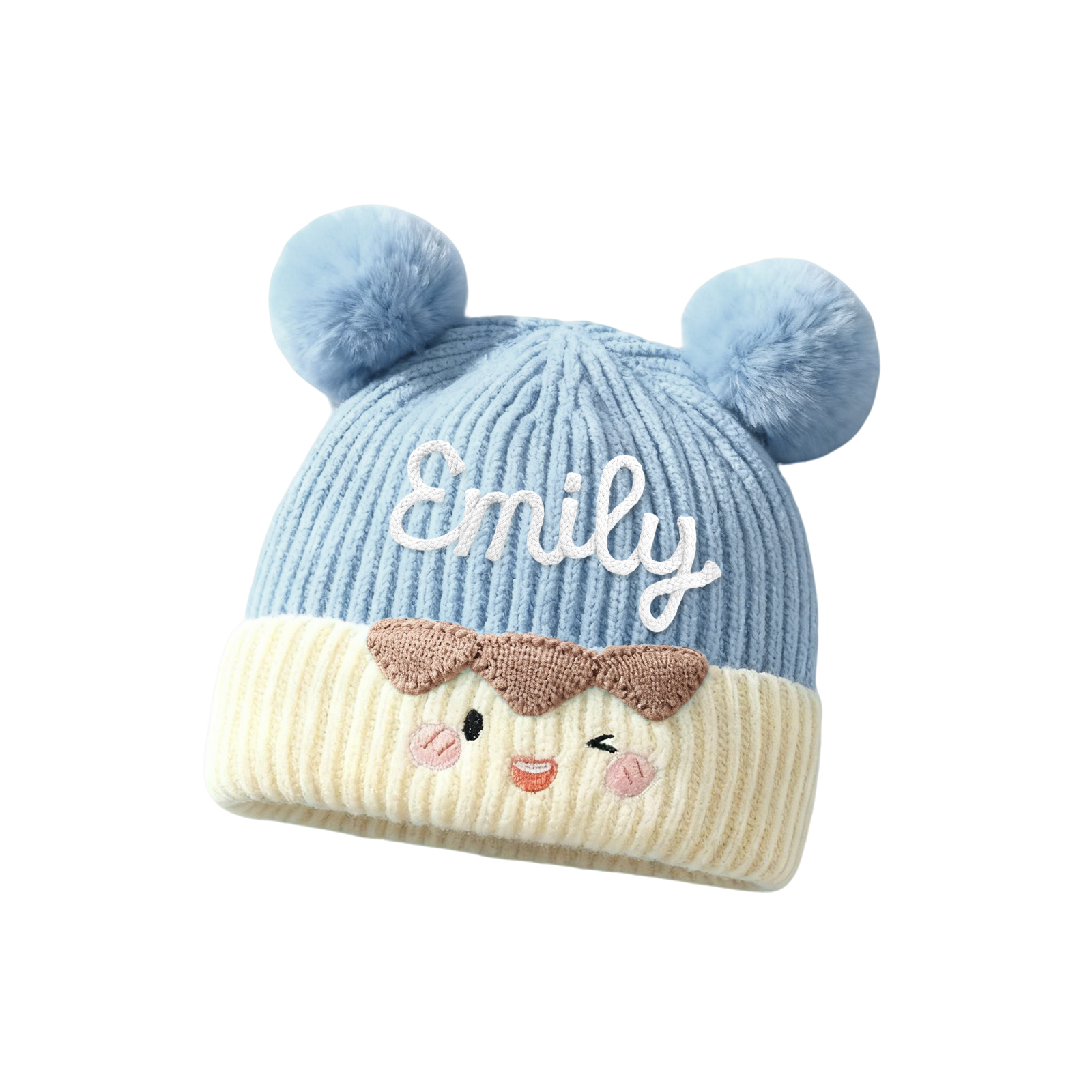 Bestickte warme Kinder-Beanie-Strickmütze mit Bommel und Wunschnamen