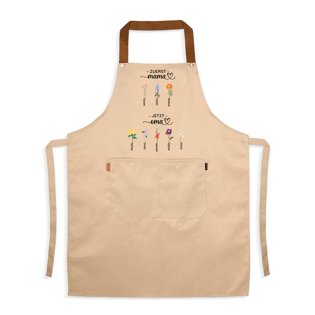 Personalisierte Schürze „Erst Mama, jetzt Oma“ mit Vornamen und Geburtsblumen