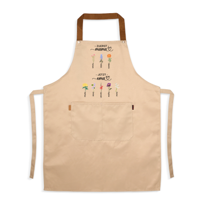 Personalisierte Schürze „Erst Mama, jetzt Oma“ mit Vornamen und Geburtsblumen