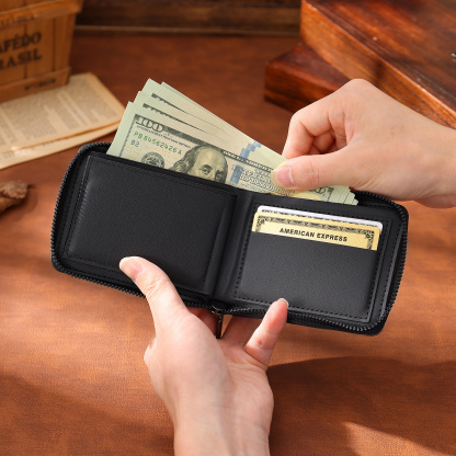 Personalisierte Herren Geldbörse aus PU‑Leder mit Reißverschluss – mit Foto, Kalender oder Namen