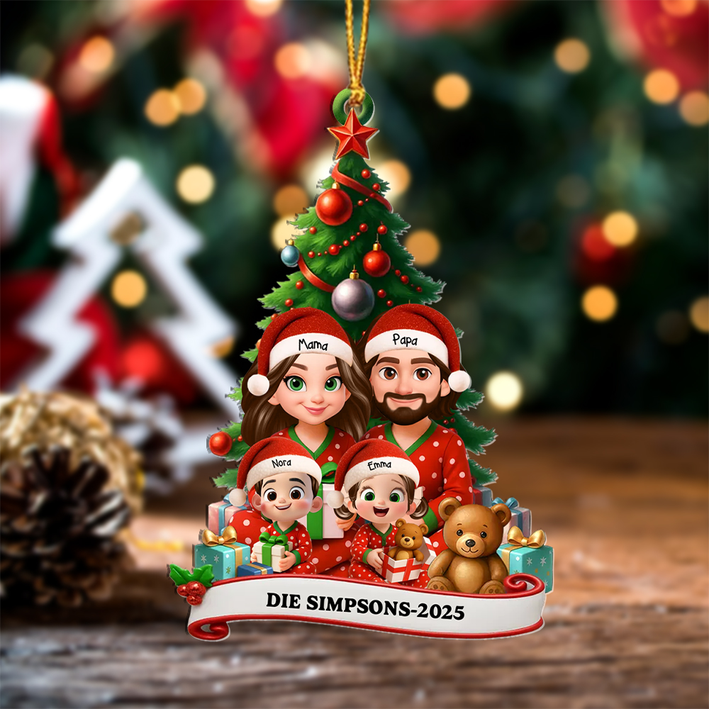 Personalisierter Christbaumschmuck im Familien-Pyjama-Stil mit 1–6 Namen