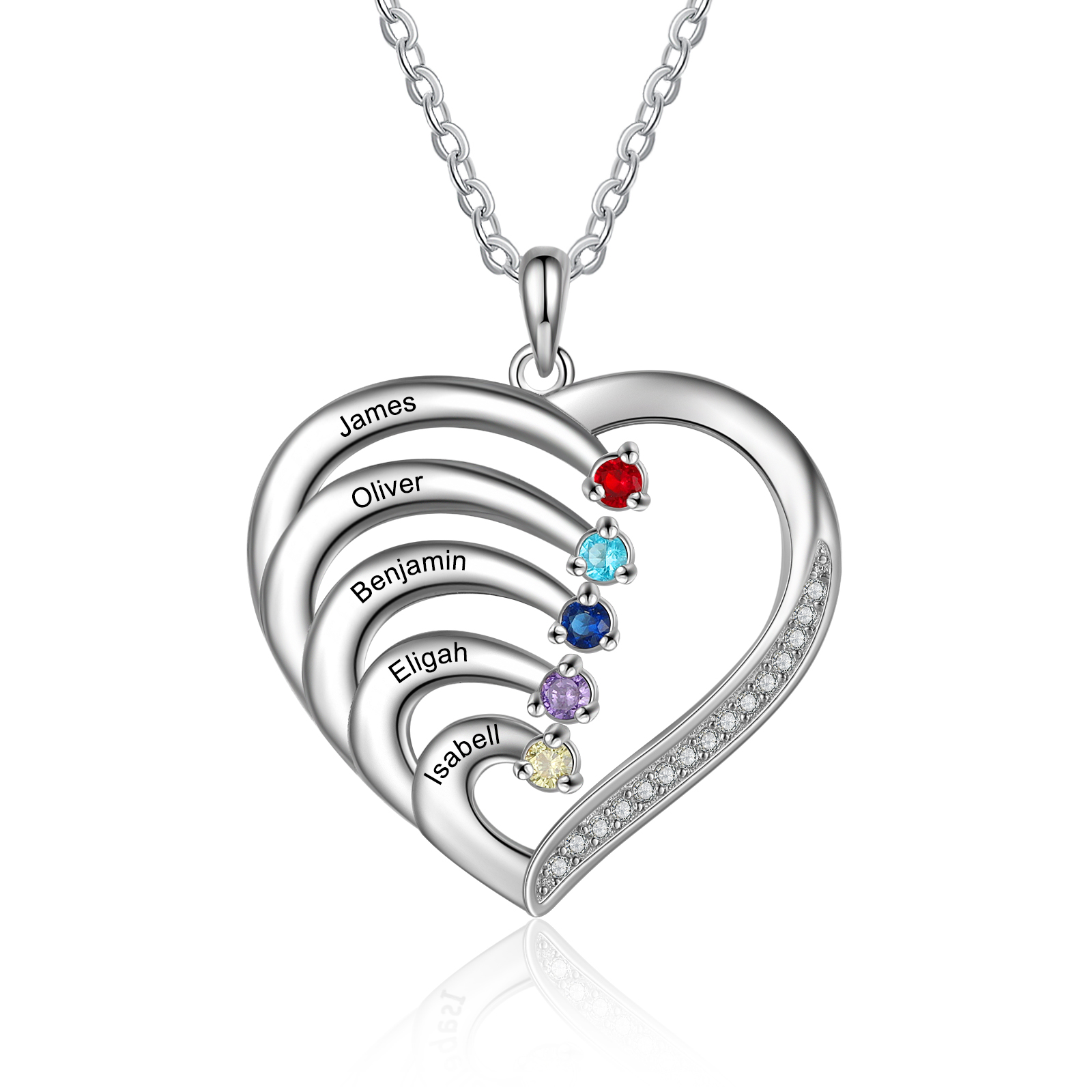 Personalisierte Herz-Halskette aus 925er Sterling Silber mit 2–6 Namen und Geburtssteinen Geschenk für sie