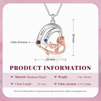 Personalisierte 2 Namen & 2 Geburtssteinen Herz Halskette mit Rose für Mutter Familie