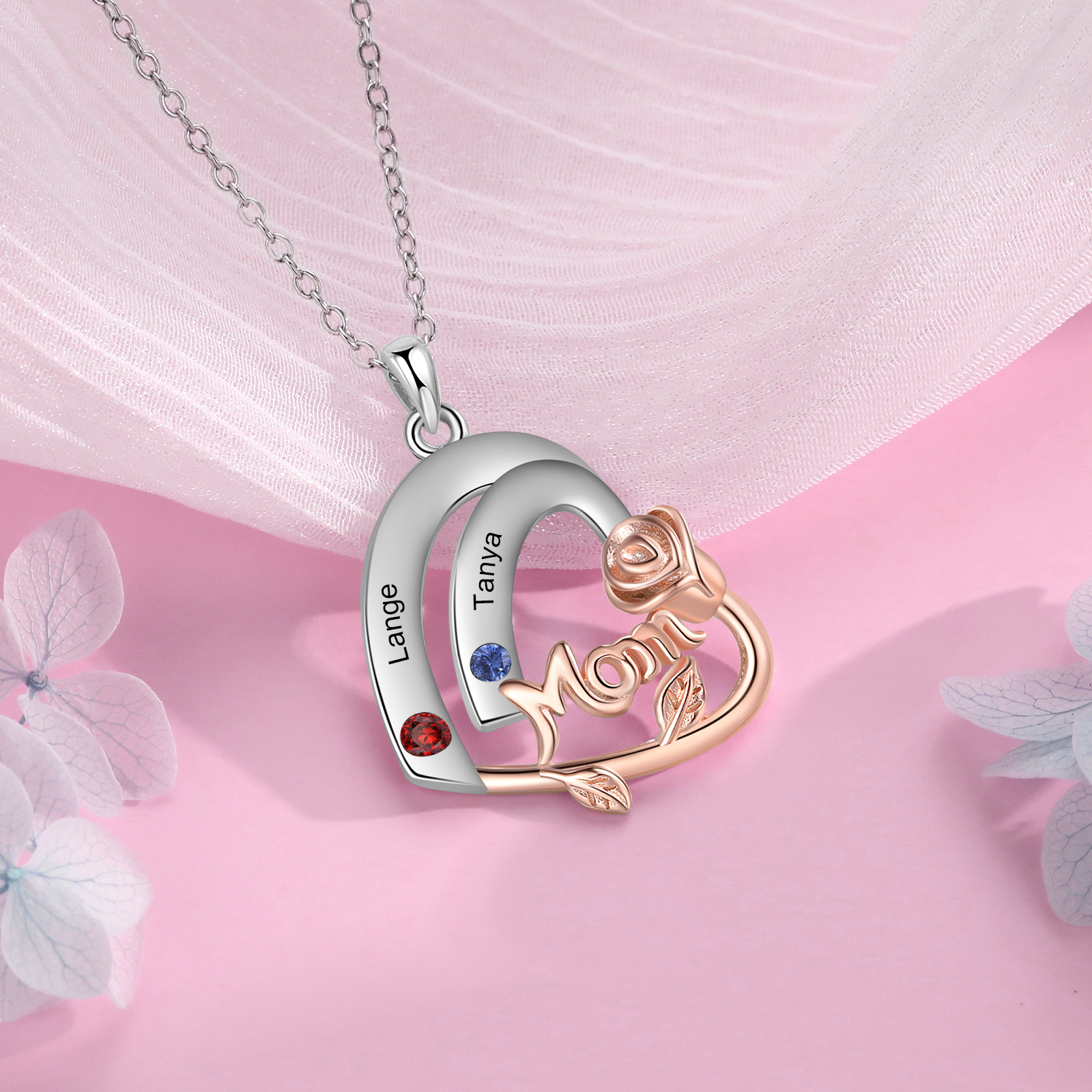 Personalisierte 2 Namen & 2 Geburtssteinen Herz Halskette mit Rose für Mutter Familie