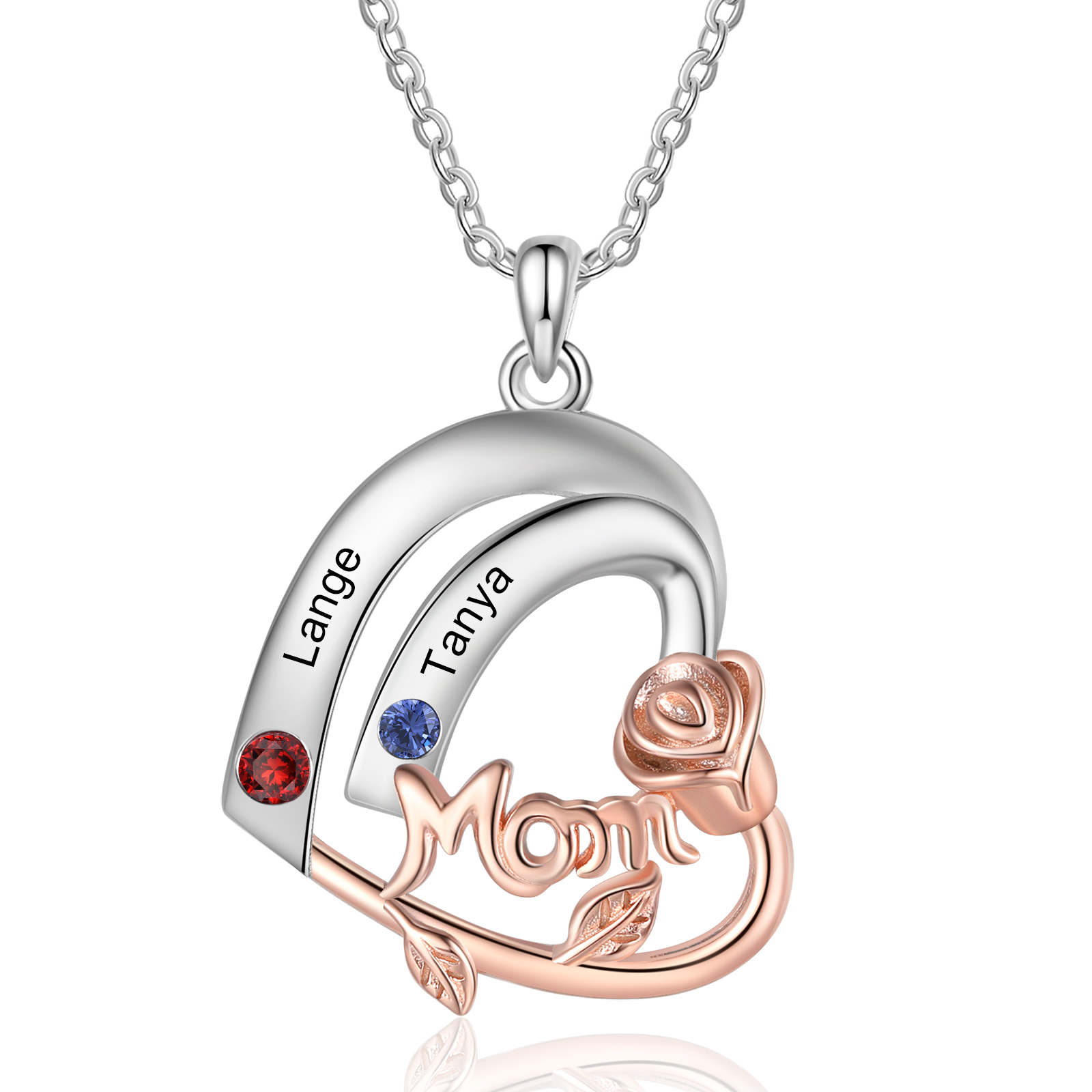 Personalisierte 2 Namen & 2 Geburtssteinen Herz Halskette mit Rose für Mutter Familie