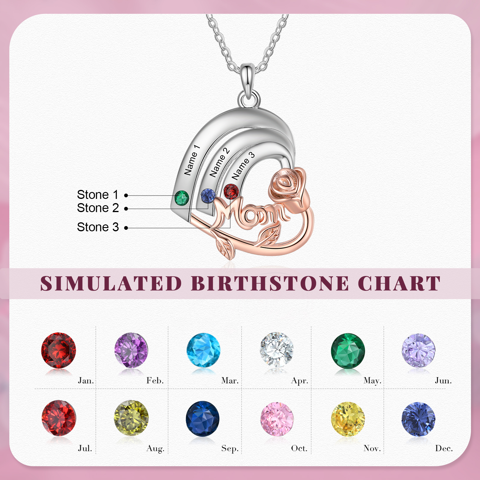 Personalisierte 3 Namen & 3 Geburtssteinen Herz Halskette mit Rose für Mutter Familie