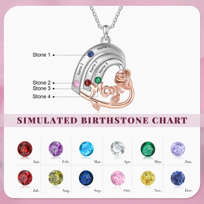 Personalisierte 4 Namen & 4 Geburtssteinen Herz Halskette mit Rose für Mutter Familie