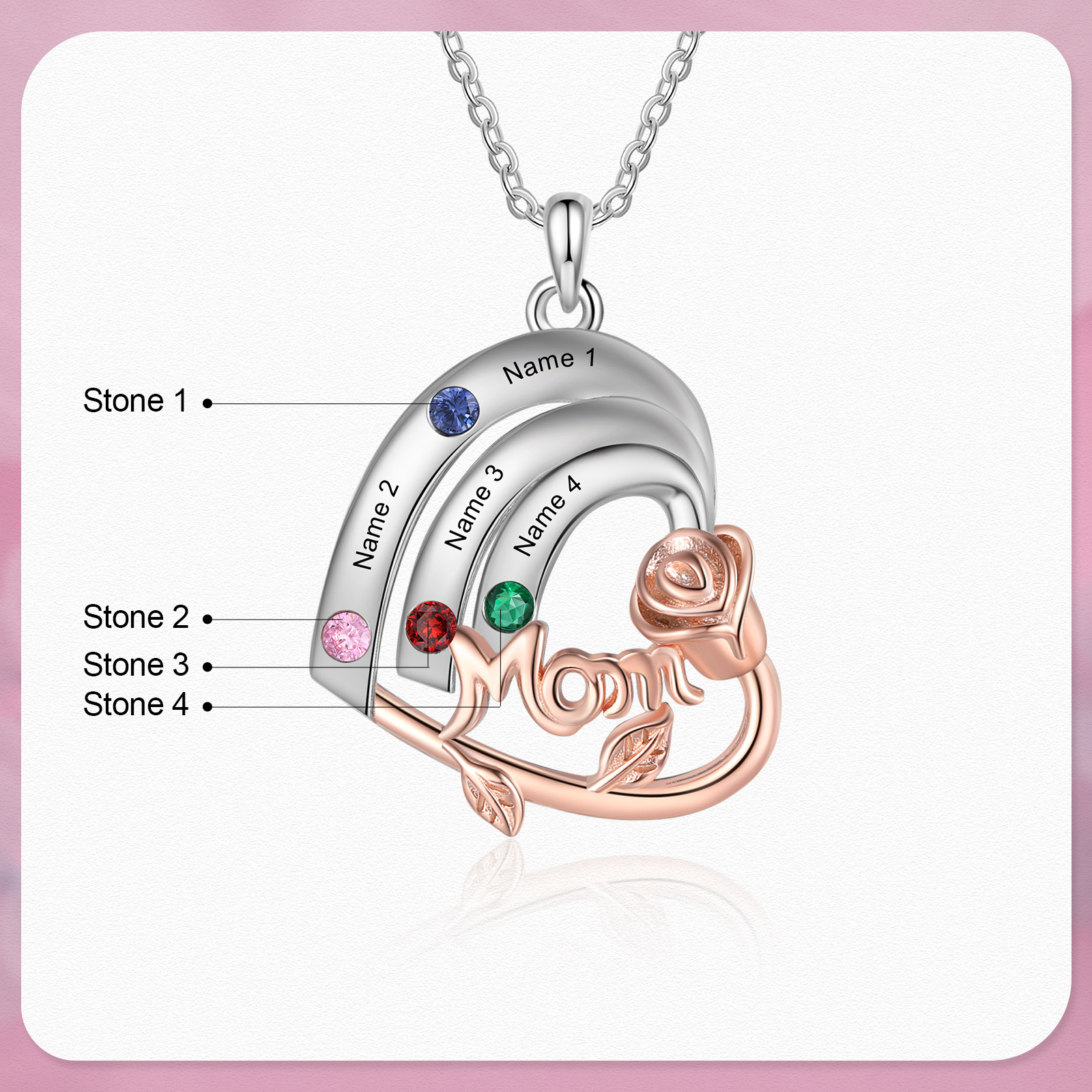 Personalisierte 4 Namen & 4 Geburtssteinen Herz Halskette mit Rose für Mutter Familie