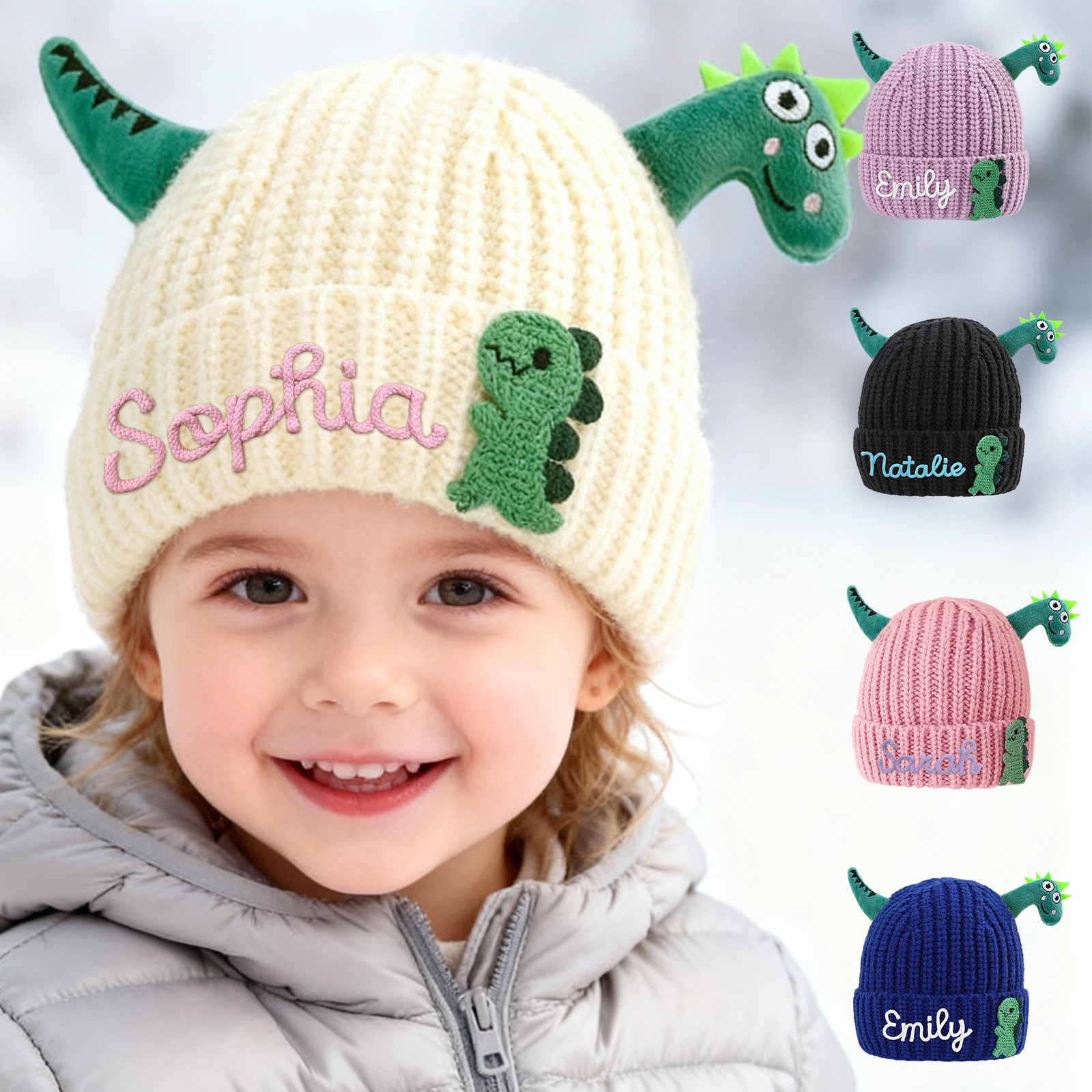 Personalisierte Dinosaurier-Mützen mit Namen für Kleinkinder – handbestickte Kindermütze