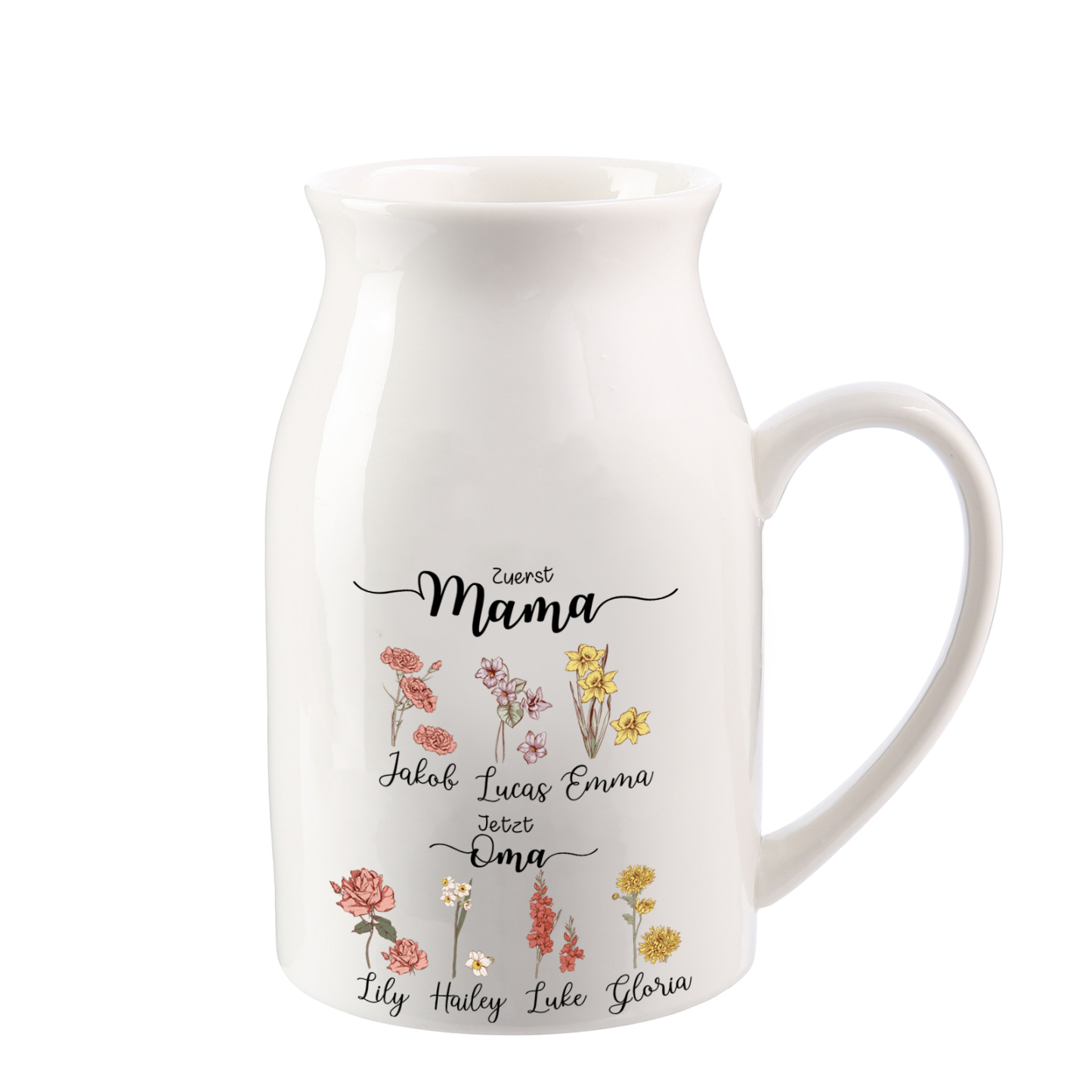 Personalisierte Blumenvase mit 2–12 Namen und Geburtsblumen Erst Mama, jetzt Oma