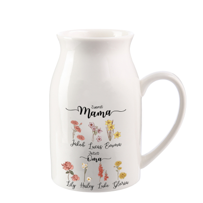 Personalisierte Blumenvase mit 2–12 Namen und Geburtsblumen Erst Mama, jetzt Oma