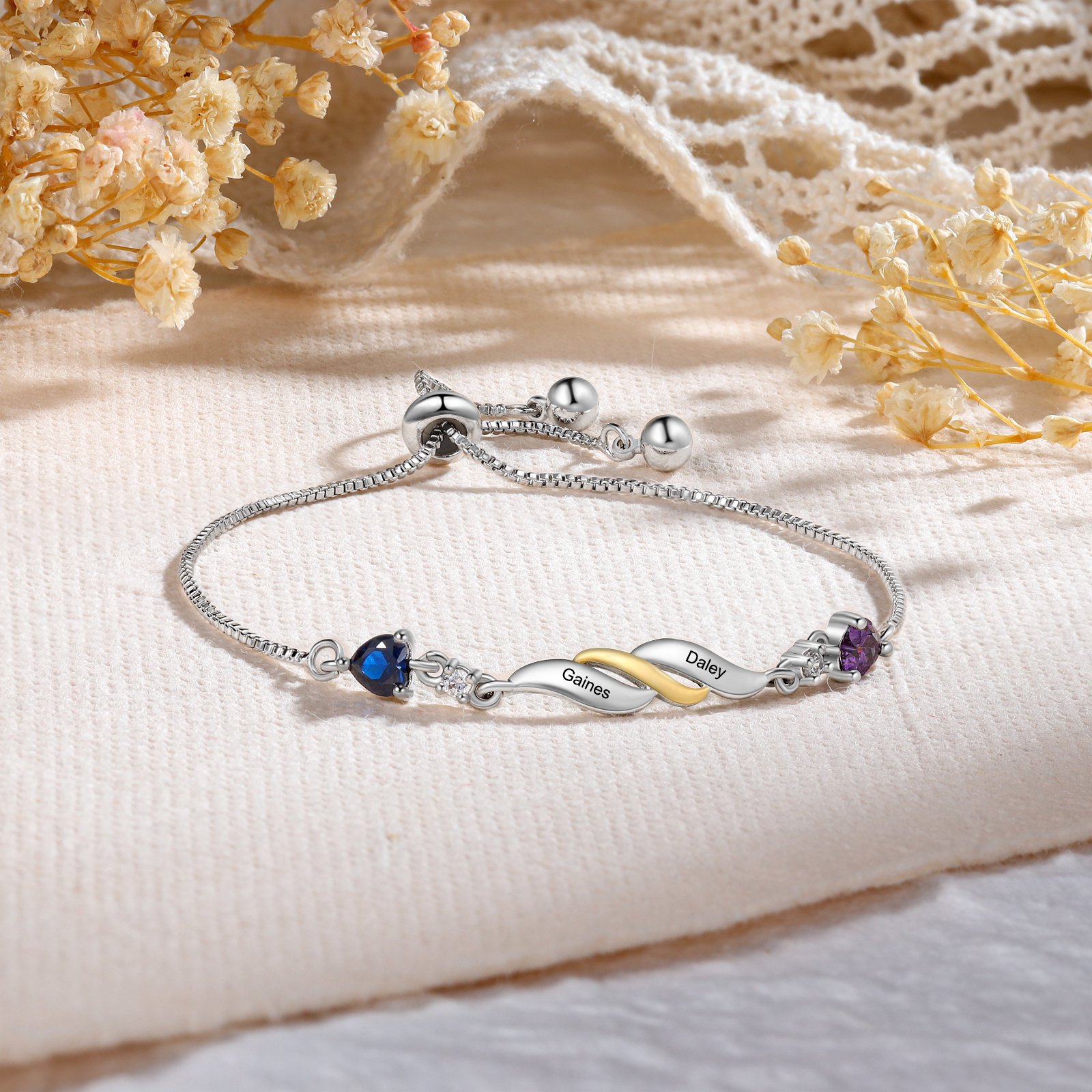 Personalisierte 2-4 Namen Infinity Armband mit 2-4 Geburtssteinen