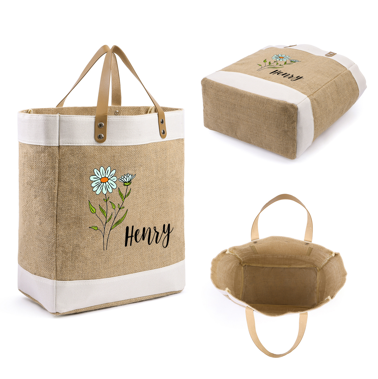 Personalisierter 1 Name & Geburtsblume & Buchstabe Handtasche aus Baumwolle und Leinen