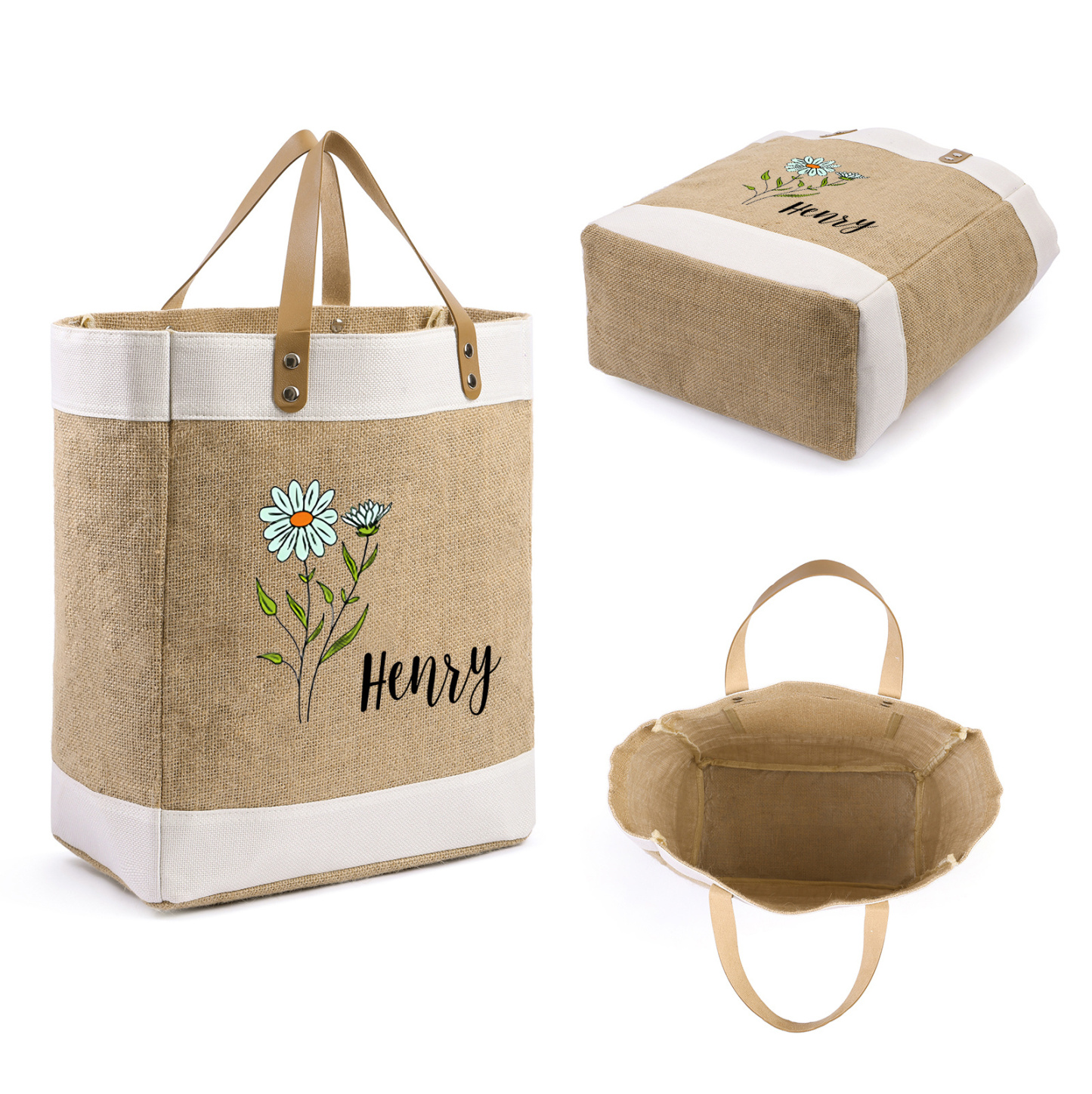Personalisierter 1 Name & Geburtsblume & Buchstabe Handtasche aus Baumwolle und Leinen