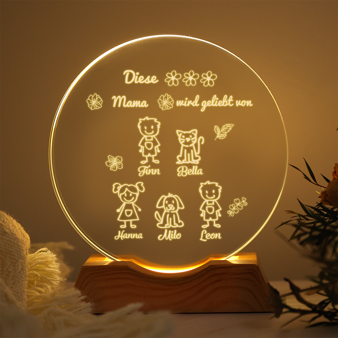Personalisiertes LED Nachtlicht aus Kristall, personalisiert mit 1–6 Kindernamen und Figuren – Muttertagsgeschenk für Mama/Mami von Kindern | Kettenmachen