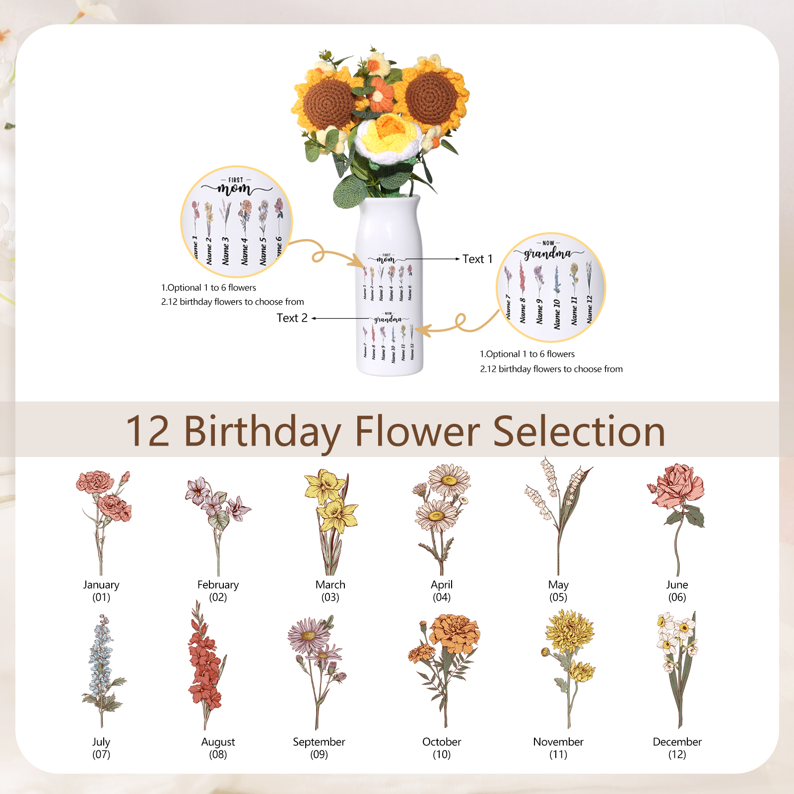 Personalisierte 1-12 Namen & Blumen- Zuerst Mama, Jetzt Oma- Familie Keramik-Vase Geschenk für Mama/Oma