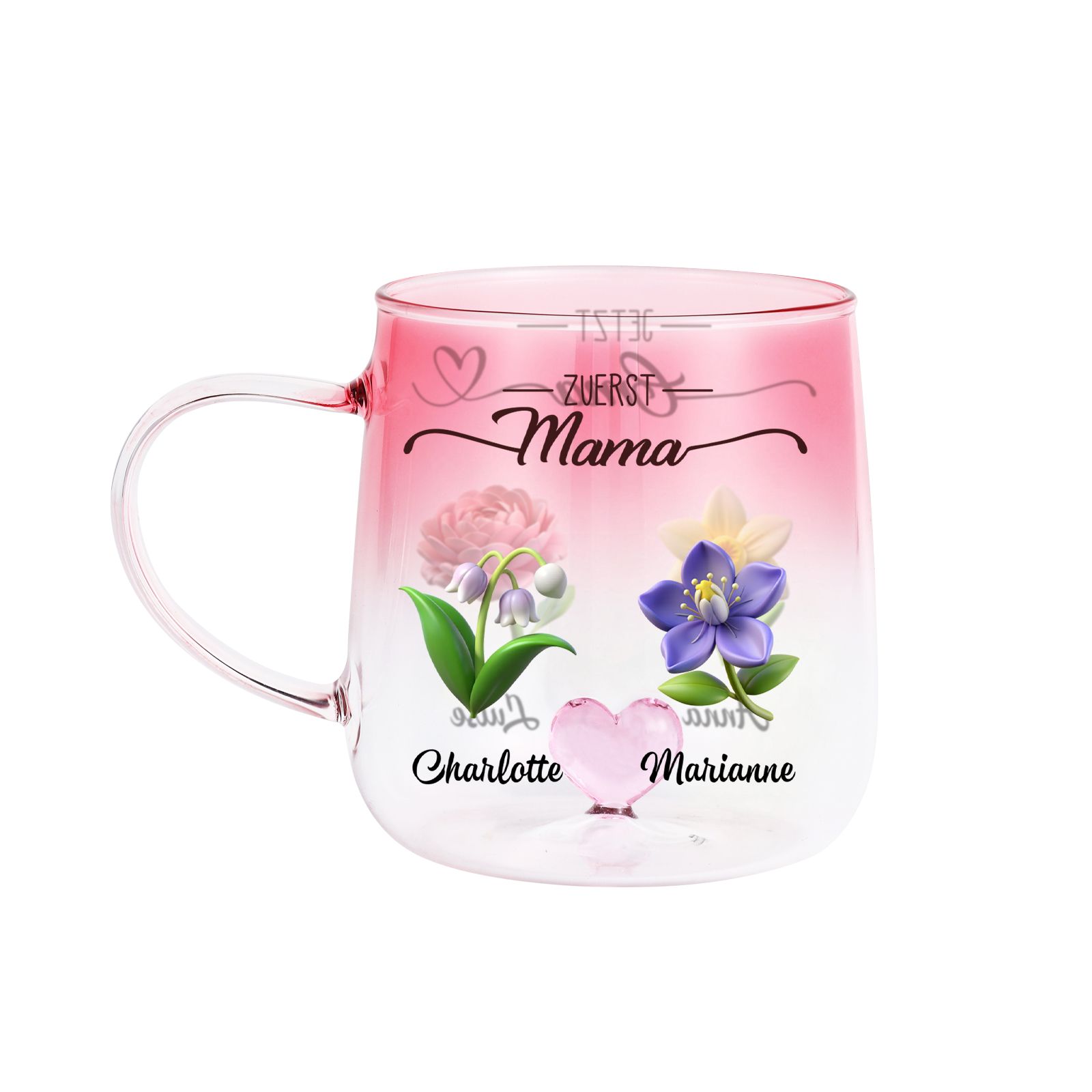 Personalisierte rosa Glas-Tasse mit Blumen & Namen der Kinder für Mama
