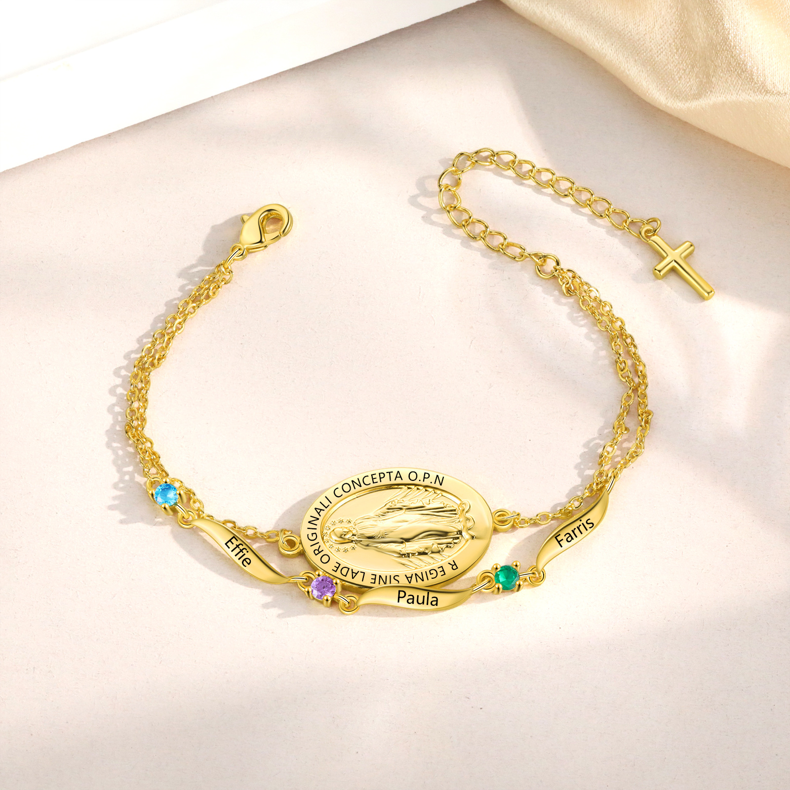 Maria-Kreuzarmband mit Namen & Geburtsstein