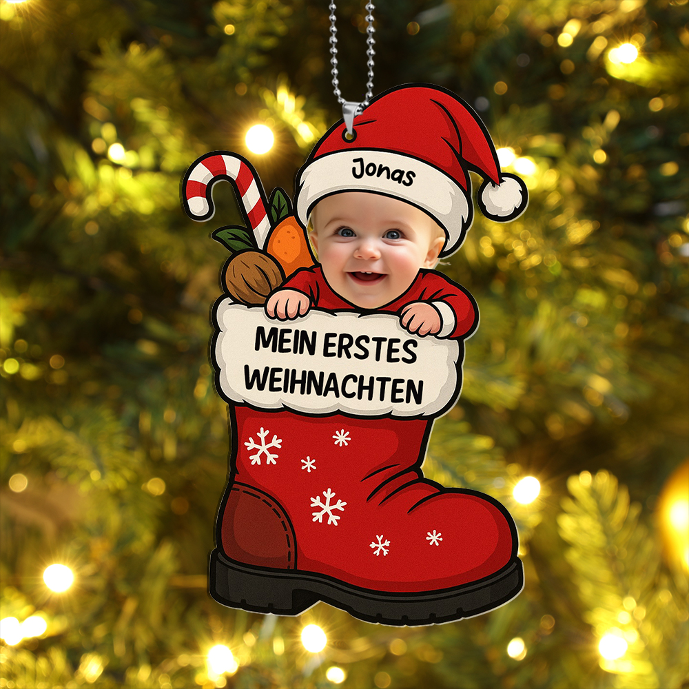 Personalisierbarer Nikolausstiefel-Weihnachtsbaumschmuck „Erstes Weihnachten“ mit Babyfoto