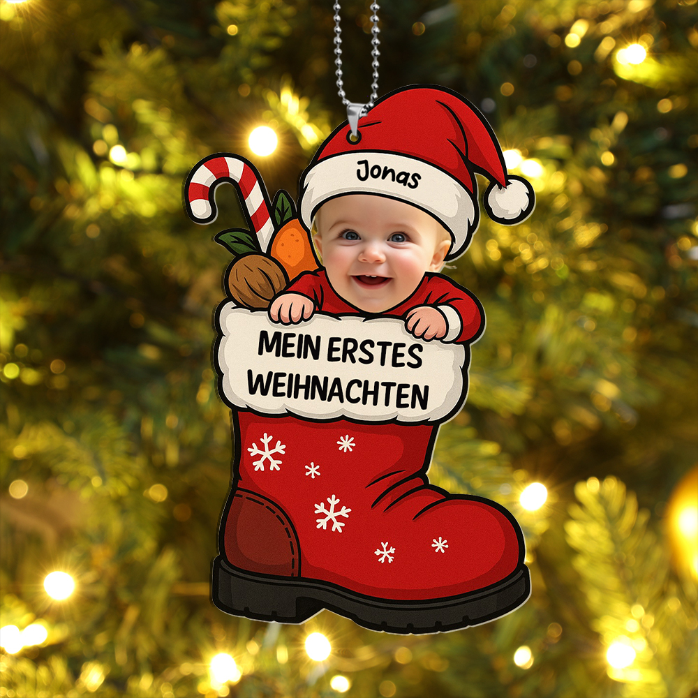 Personalisierbarer Nikolausstiefel-Weihnachtsbaumschmuck „Erstes Weihnachten“ mit Babyfoto