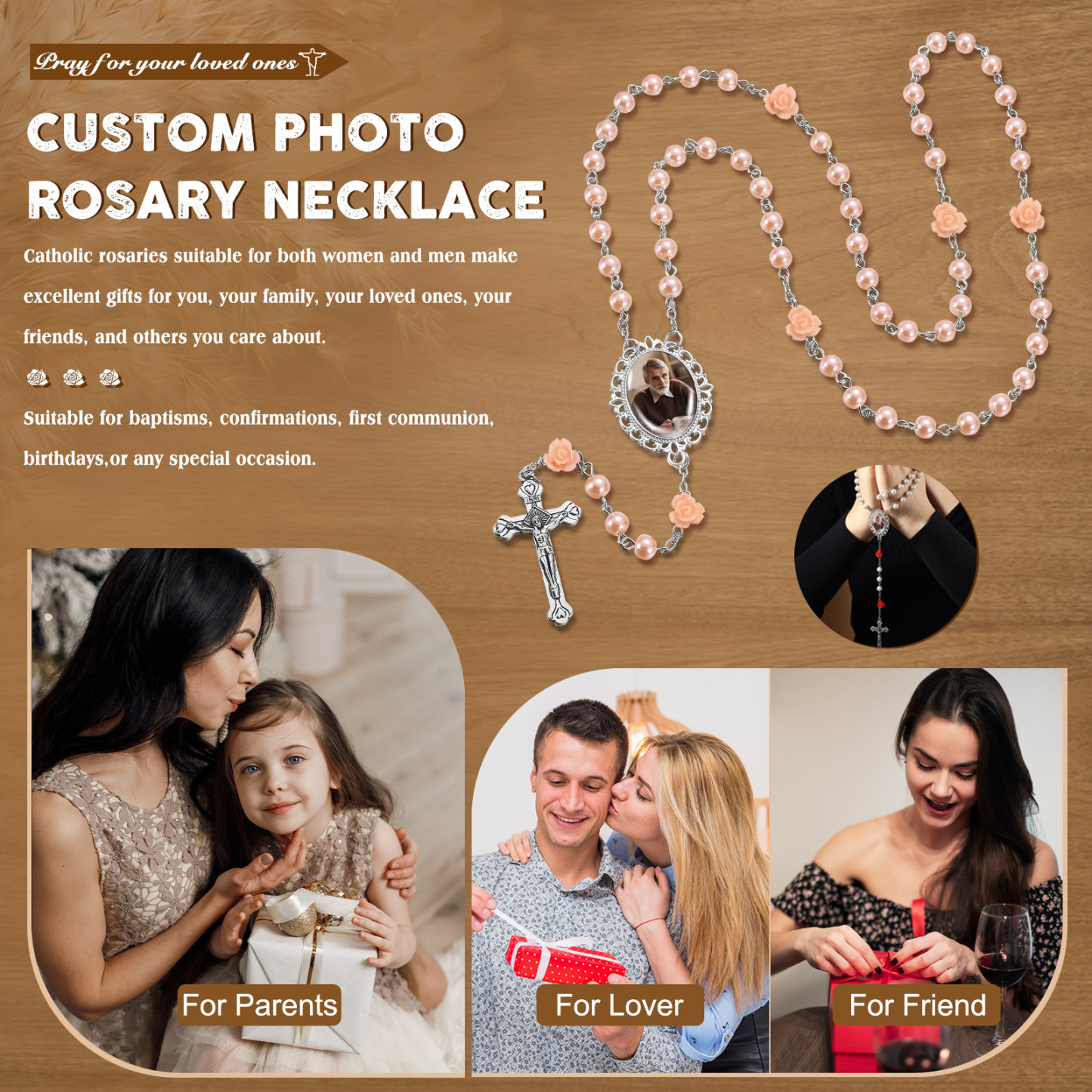 Personalisierter Rosenkranz mit Foto, Kreuz und Perlen religiöses Andenken