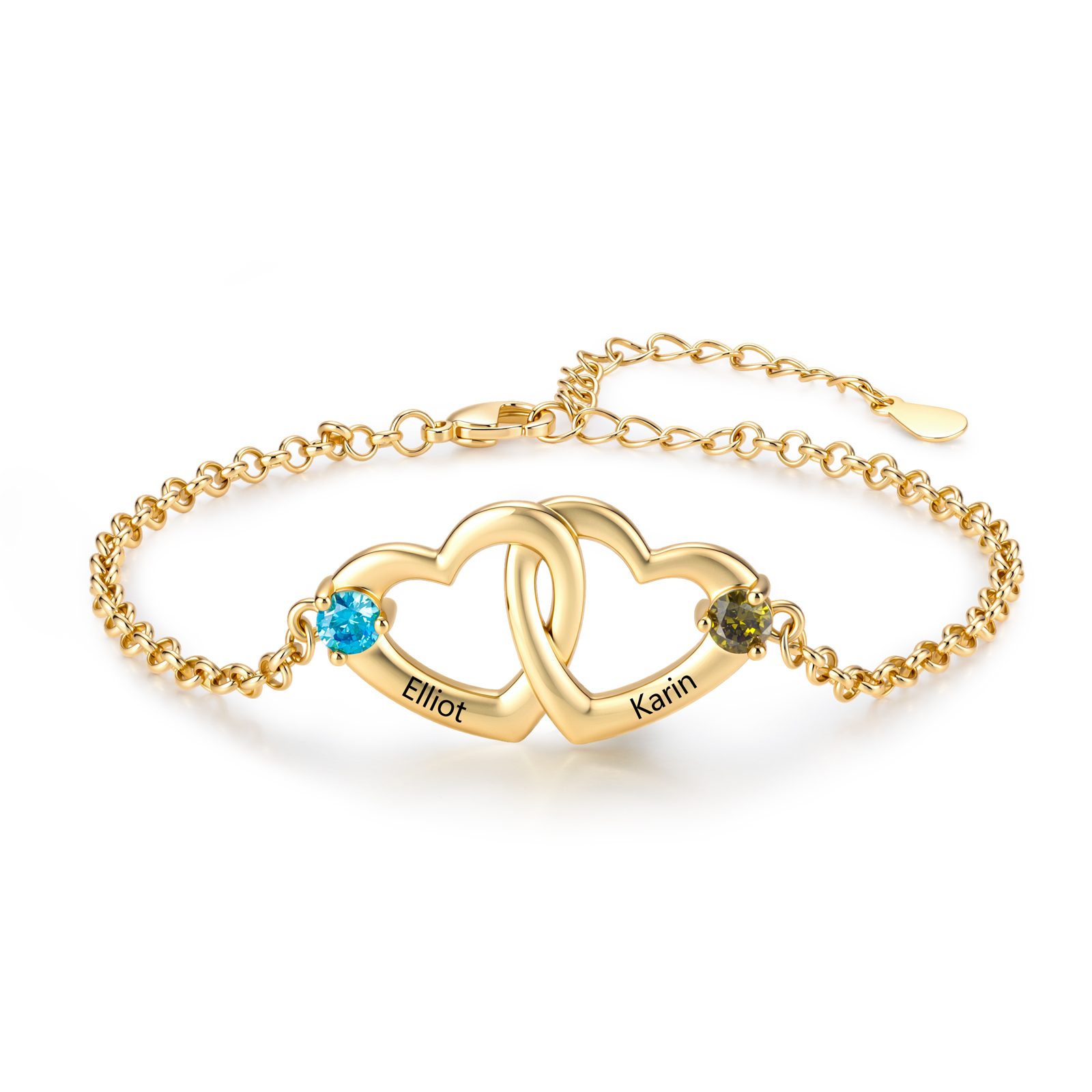 Personalisiertes Armband mit zwei Herzen 2 Namen und Geburtssteinen Geschenk für sie