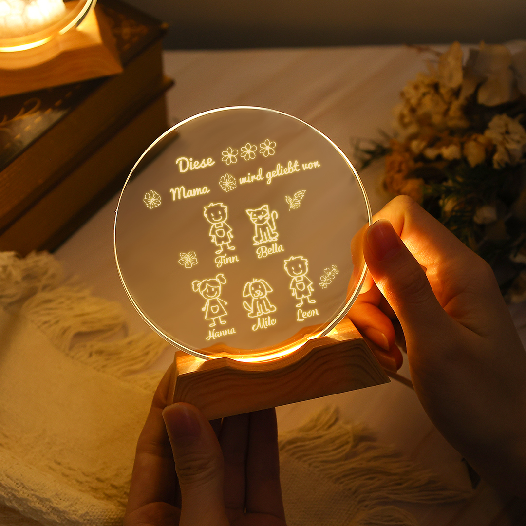 Personalisiertes LED Nachtlicht aus Kristall Personalisiert mit 1–6 Kindernamen