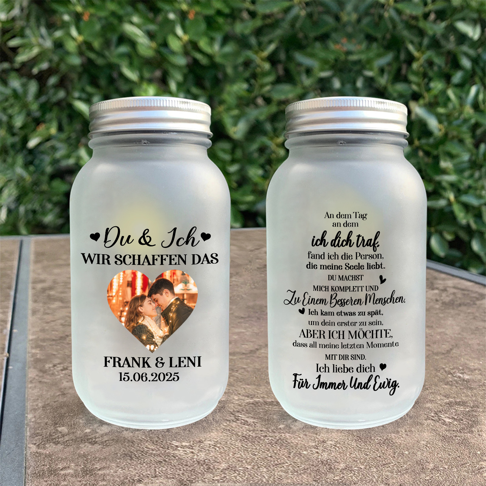 Personalisierte Solar-Nachtlampe im Einmachglas Glasflaschen mit Foto – Geschenk für Paare