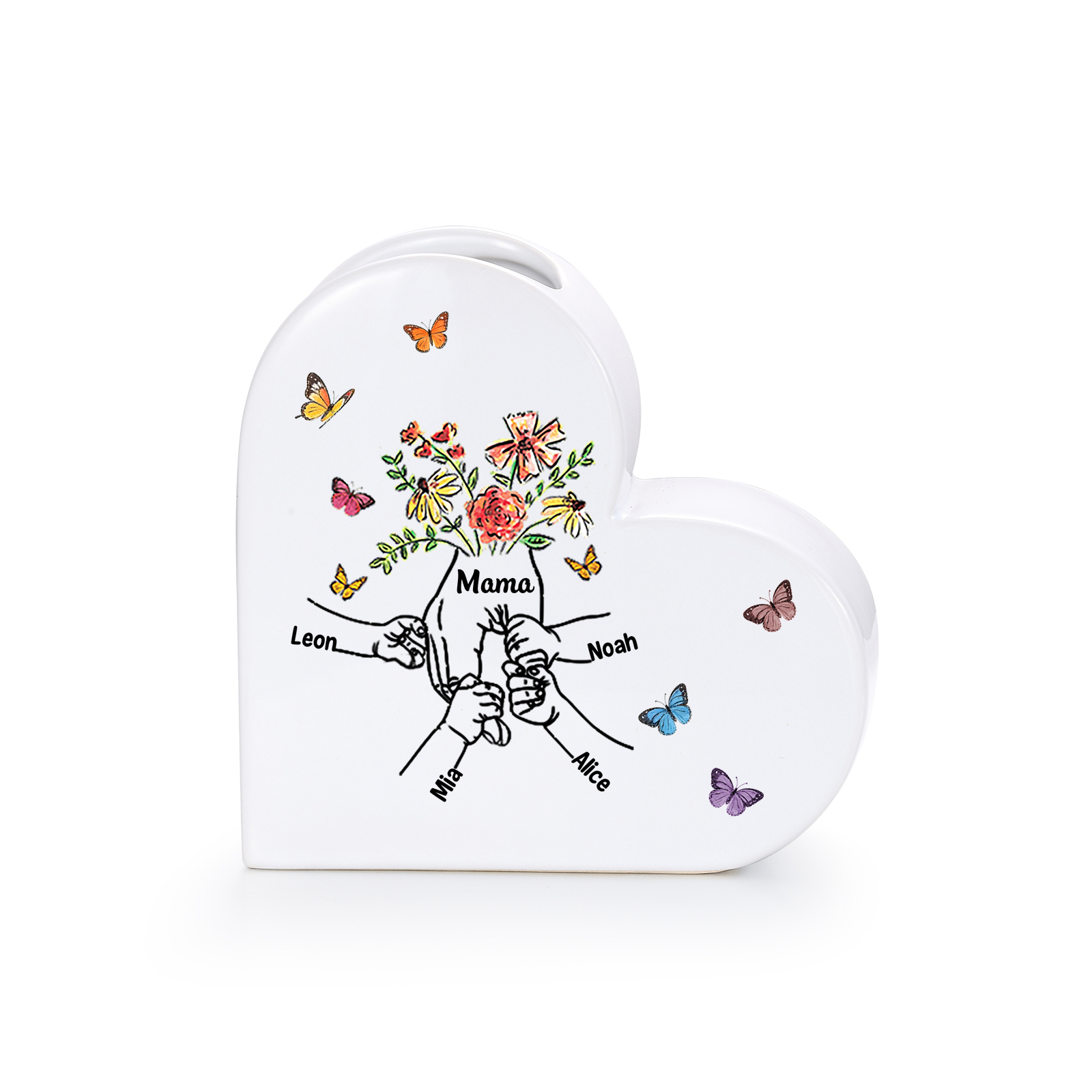 Personalisierte Keramikvase mit Herzmotiv „Hand in Hand“ und 2–8 Vornamen Geschenk für Mama oder Oma