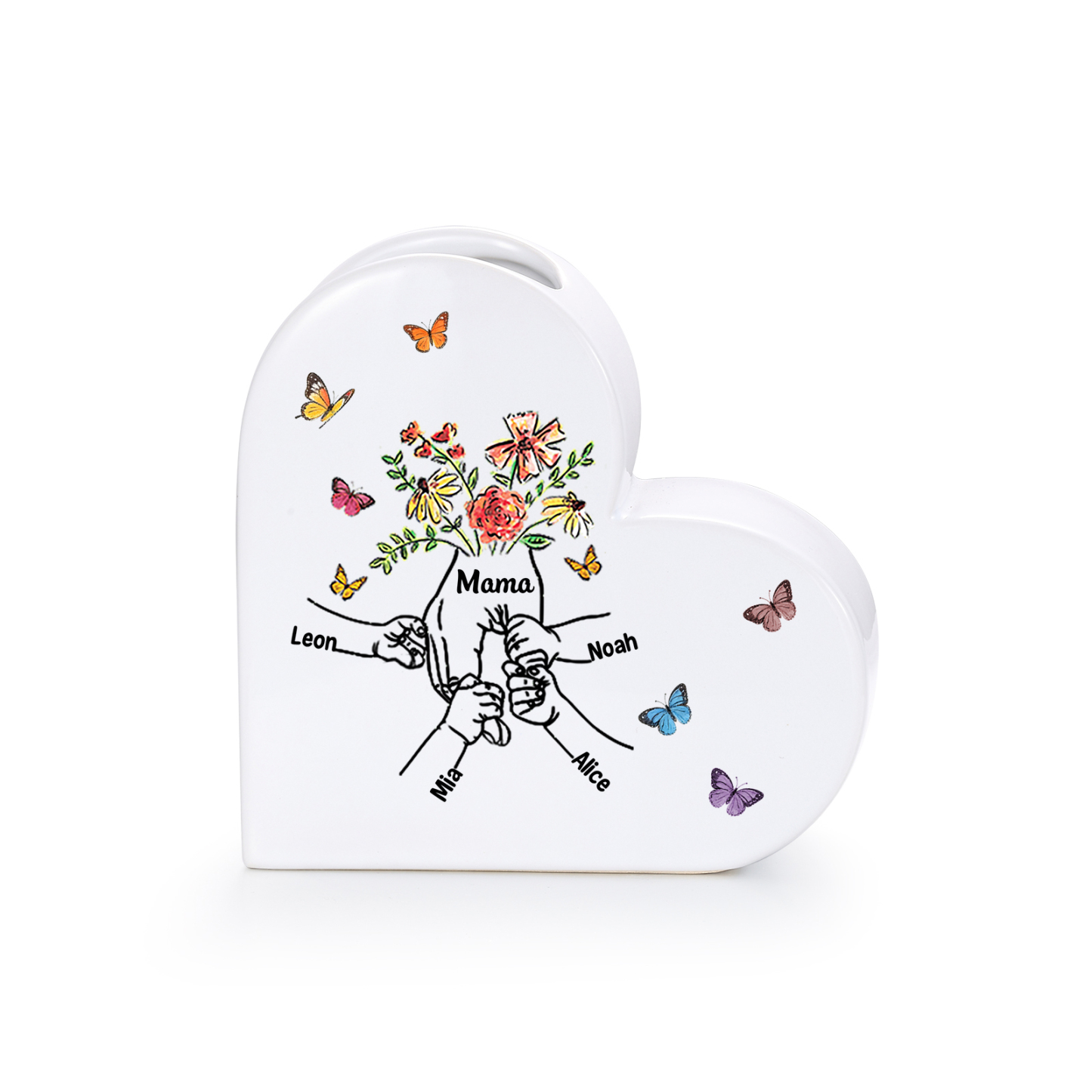 Personalisierte Keramikvase mit Herzmotiv „Hand in Hand“ und 2–8 Vornamen Geschenk für Mama oder Oma